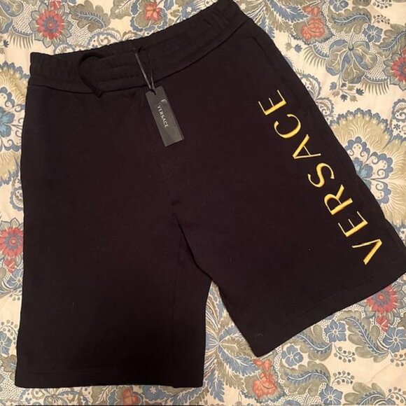 Versace Other - NWT Versace Fleece Black Sweatpants Shorts Embroidered Gold Logo Size L
